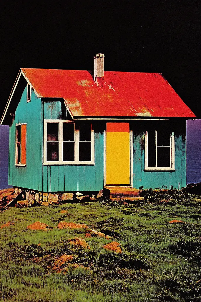 Midjourney generated image using SREF code Polychromaze: A colorful house with a red roof and a yellow door.