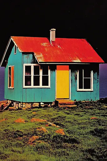 Midjourney generated image using SREF code Polychromaze: A colorful house with a red roof and a yellow door.