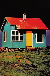 Midjourney generated image using SREF code Polychromaze: A colorful house with a red roof and a yellow door.