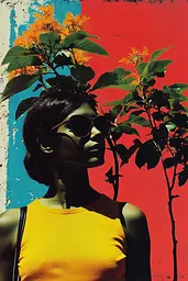 Midjourney generated image using SREF code Polychromaze: A woman wearing sunglasses standing in front of a colorful wall.