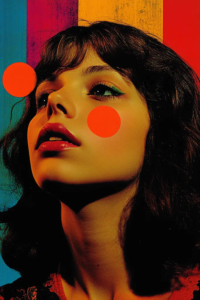 Midjourney generated image using SREF code Polychromaze: A woman with red circles on her face in front of a colorful background.