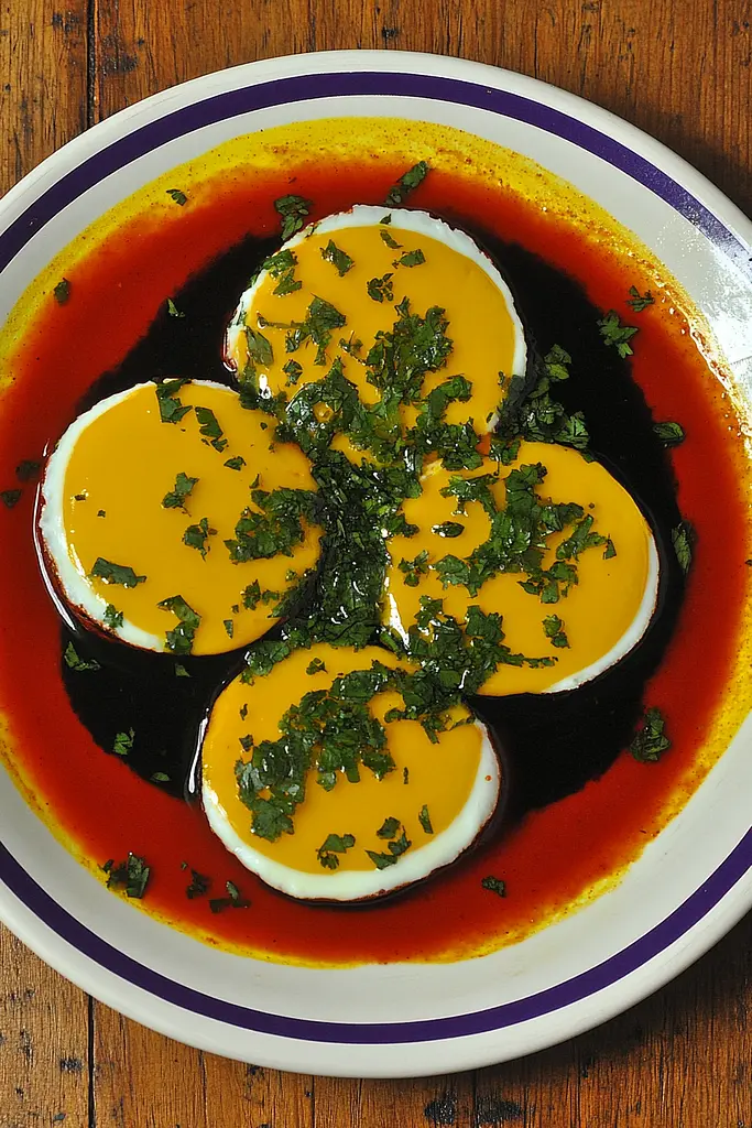 Midjourney generated image using SREF code Polychromaze: A white plate topped with four hard boiled eggs covered in sauce.