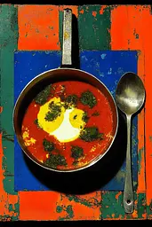 Midjourney generated image using SREF code Polychromaze: A bowl of soup with a spoon on a colorful table.