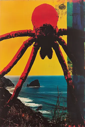 Midjourney generated image using SREF code Polychromaze: A painting of a giant spider sitting on top of a cliff.