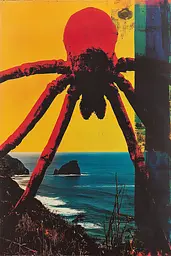Midjourney generated image using SREF code Polychromaze: A painting of a giant spider sitting on top of a cliff.