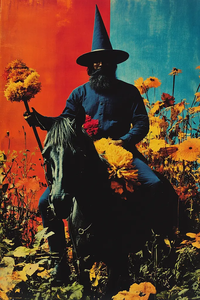 Midjourney generated image using SREF code Polychromaze: A man in a witches hat riding a horse in a field of flowers.