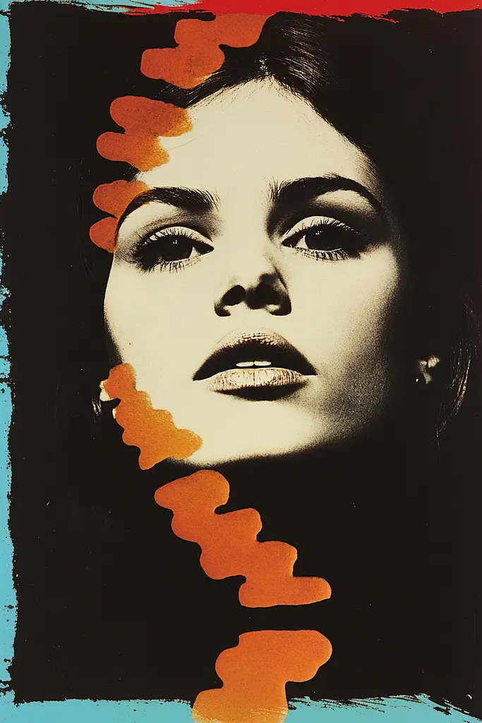 Midjourney generated image using SREF code Polychromaze: A portrait of a woman's face with orange and blue paint splatters.