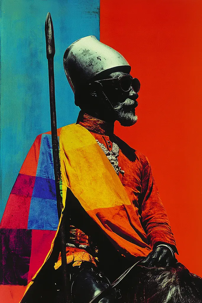 Midjourney generated image using SREF code Polychromaze: A man in a helmet and sunglasses sitting on a horse.
