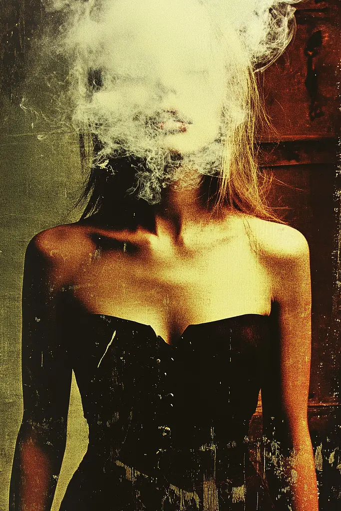 Midjourney generated image using SREF code Coalpaper: A woman in a black dress with smoke coming out of her face.