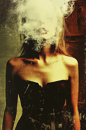Midjourney generated image using SREF code Coalpaper: A woman in a black dress with smoke coming out of her face.
