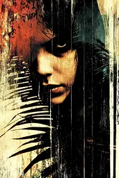 Midjourney generated image using SREF code Coalpaper: A woman with long black hair standing in front of a palm tree.