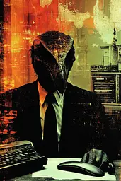 Midjourney generated image using SREF code Coalpaper: A man in a suit sitting at a desk with a computer.
