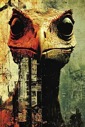 Midjourney generated image using SREF code Coalpaper: A close up of an ostrich's head in front of a city.