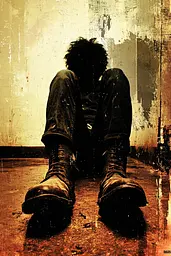 Midjourney generated image using SREF code Coalpaper: A person sitting on the floor with their head in their hands.