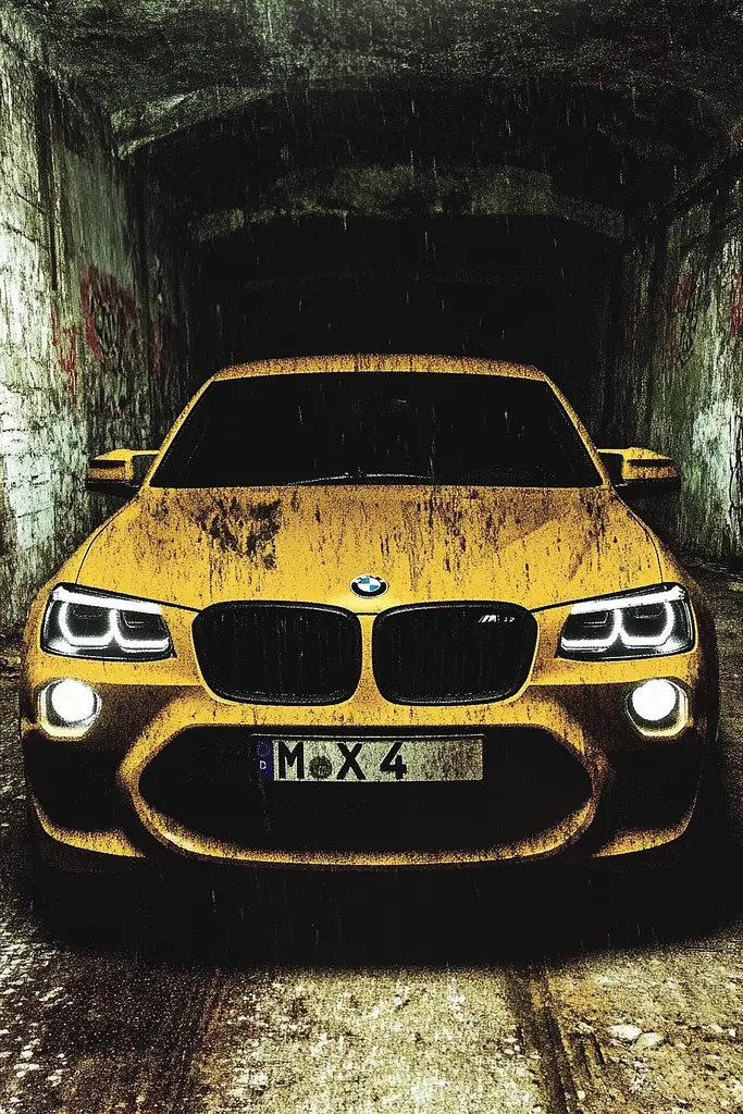 Midjourney generated image using SREF code Coalpaper: A yellow car is parked in a dark tunnel.