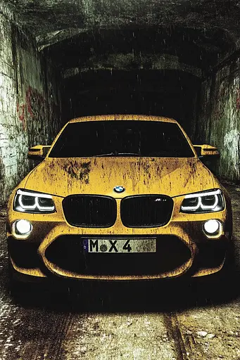 Midjourney generated image using SREF code Coalpaper: A yellow car is parked in a dark tunnel.