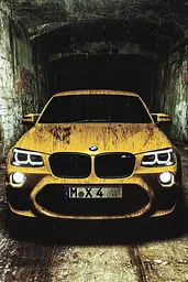 Midjourney generated image using SREF code Coalpaper: A yellow car is parked in a dark tunnel.
