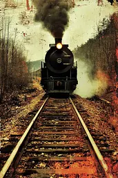 Midjourney generated image using SREF code Coalpaper: A train traveling down train tracks with smoke coming out of it.