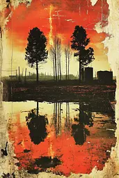 Midjourney generated image using SREF code Coalpaper: A picture of a sunset with trees reflected in the water.