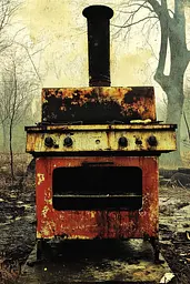 Midjourney generated image using SREF code Coalpaper: An old rusty stove sitting in the middle of a forest.
