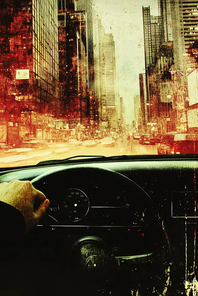 Midjourney generated image using SREF code Coalpaper: A man driving a car in the middle of a city.