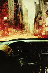 Midjourney generated image using SREF code Coalpaper: A man driving a car in the middle of a city.