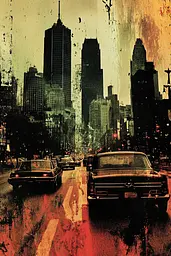 Midjourney generated image using SREF code Coalpaper: A city street filled with lots of traffic next to tall buildings.