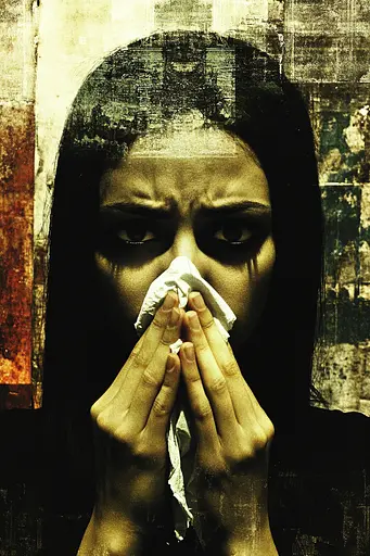 Midjourney generated image using SREF code Coalpaper: A woman blowing her nose with a tissue.