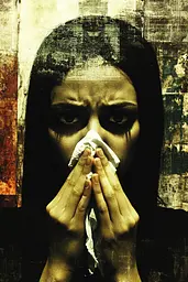 Midjourney generated image using SREF code Coalpaper: A woman blowing her nose with a tissue.