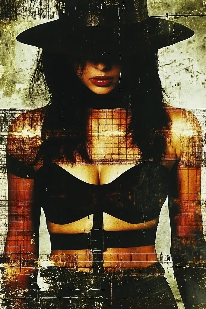Midjourney generated image using SREF code Coalpaper: A woman in a black hat is posing for a picture.