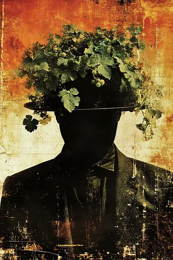 Midjourney generated image using SREF code Coalpaper: A man with a bunch of grapes on his head.