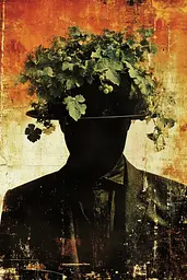 Midjourney generated image using SREF code Coalpaper: A man with a bunch of grapes on his head.