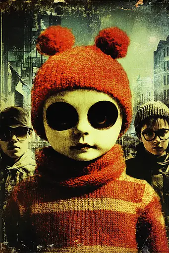 Midjourney generated image using SREF code Coalpaper: A poster of a little boy wearing a red hat and scarf.