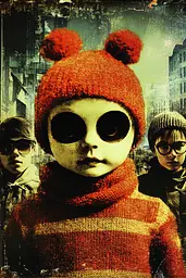 Midjourney generated image using SREF code Coalpaper: A poster of a little boy wearing a red hat and scarf.