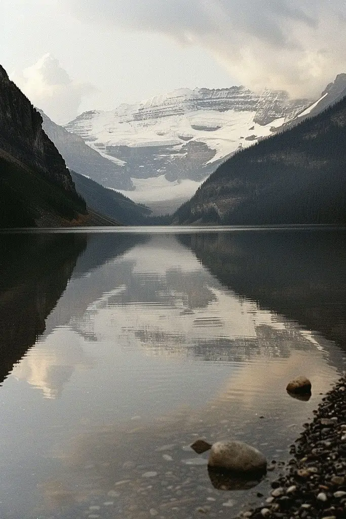 Midjourney generated image using SREF code Urban Solitude: A large body of water with a mountain in the background.