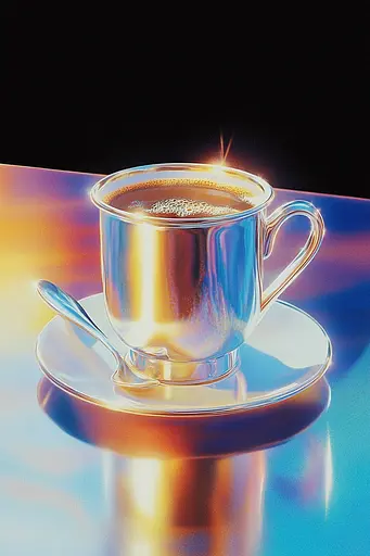 Midjourney generated image using SREF code Luminous Dreams: A cup of coffee on a saucer with a spoon.