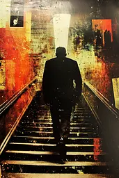 Midjourney generated image using SREF code Coalpaper: A man walking up a set of stairs in a subway station.