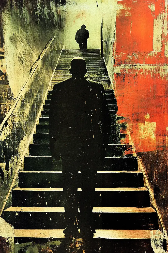 Midjourney generated image using SREF code Coalpaper: A man walking up a set of stairs in a dark room.