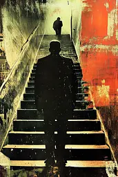 Midjourney generated image using SREF code Coalpaper: A man walking up a set of stairs in a dark room.