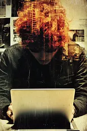 Midjourney generated image using SREF code Coalpaper: A man with red hair sitting in front of a laptop computer.