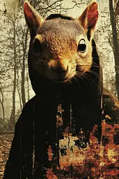 Midjourney generated image using SREF code Coalpaper: A squirrel wearing a hoodie standing in the woods.