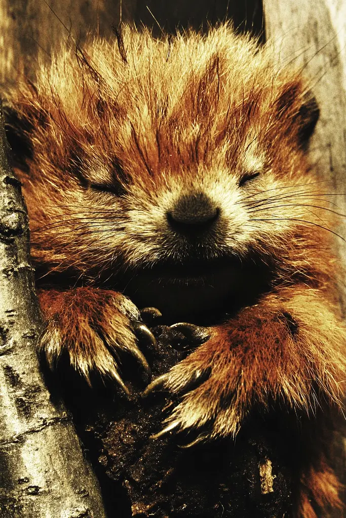 Midjourney generated image using SREF code Coalpaper: A baby beaver sleeping on top of a tree branch.