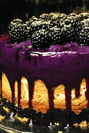 Midjourney generated image using SREF code Coalpaper: A cake with blackberries on top of it on a plate.