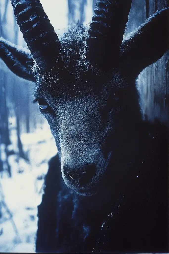 Midjourney generated image using SREF code Nocturnal Echo: A close up of a goat's face in the snow.