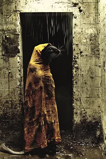 Midjourney generated image using SREF code Coalpaper: A cat in a yellow robe standing in a doorway.