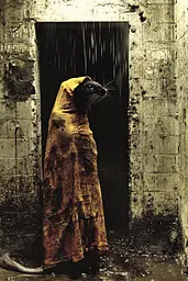 Midjourney generated image using SREF code Coalpaper: A cat in a yellow robe standing in a doorway.