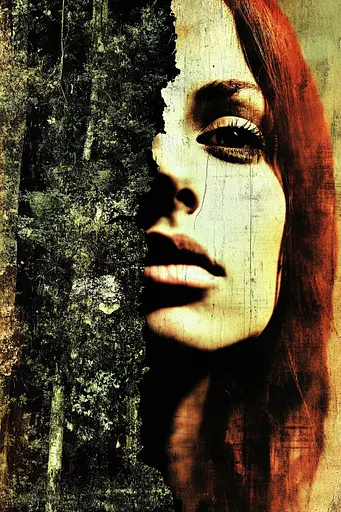 Midjourney generated image using SREF code Coalpaper: A woman with long red hair peeking out from behind a wall.