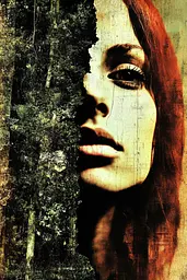 Midjourney generated image using SREF code Coalpaper: A woman with long red hair peeking out from behind a wall.