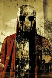 Midjourney generated image using SREF code Coalpaper: A man in a hooded cloak standing in front of a building.