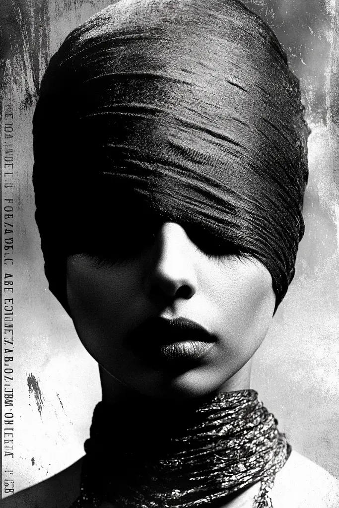 Midjourney generated image using SREF code Coalpaper: A black and white photo of a woman with a turban on her head.